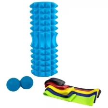 Ролик массажный спортивный для йоги и фитнеса, набор в чехле CLIFF (ролик Strong S 33*13см, массажер-орех, 5 эспандеров ленточных), розовый