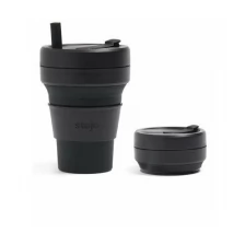 Многоразовый складной стакан STOJO с крышкой для кофе с собой из пищевого силикона / Стакан для кофе / Кружка для кофе 470 мл, цвет Ink