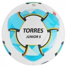 TORRES Мяч футбольный TORRES Junior-5, размер 5, вес 390-410 г, глянцевый ПУ, 3 слоя, 32 панели, ручная сшивка, цвет белый/синий/жёлтый