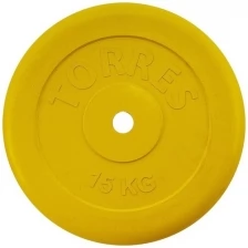 Диск TORRES обрезиненный 15 кг арт.PL504215, d.25мм, металл в резиновой оболочке, желтый