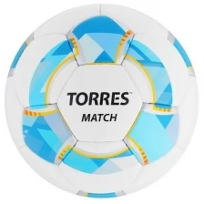 Мяч футбольный TORRES Match, размер 4, 32 панели, PU, 4 подкладочных слоя, ручная сшивка, цвет белый/синий/жёлтый