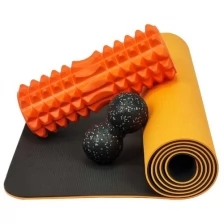 Набор для йоги, фитнеса и пилатеса: коврик с чехлом + массажный ролик + массажный мяч, оранжевый