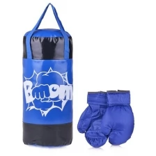 Набор для бокса: груша 50 см х Ø20 см. (тент) с перчатками. Цвет синий+черный. Принт "BOOM"