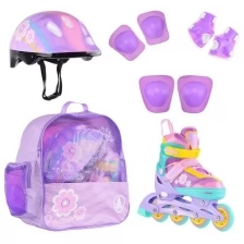Набор роликовые коньки раздвижные FLORET White Pink Violet, шлем, набор защиты, в сумке (XS: 27-30)