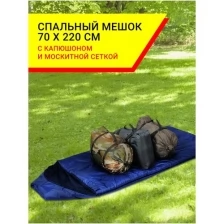 Спальный мешок с капюшоном и москитной сеткой. Спальник туристический кемпинг. Одеяло с капюшоном для походов и отдыха на природе. Цвет : Синий