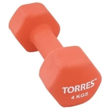 Гантель TORRES 4 кг, металл в неопреновой оболочке, форма шестигранник, красный