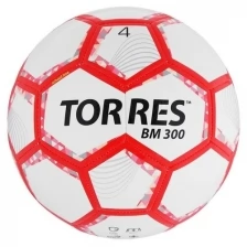 TORRES Мяч футбольный TORRES BM 300, размер 4, 28 панелей, глянцевый TPU, 2 подкладочных слоя, машинная сшивка, цвет белый/серебряный/красный