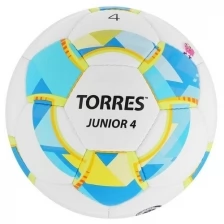 Мяч футбольный TORRES Junior-4, размер 4, вес 310-330 г, глянцевый ПУ, 3 слоя, 32 панели, ручная сшивка, цвет белый/синий/жёлтый
