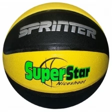 Мяч баскетбол/баскетбольный мяч/ Мяч для игры в баскетбол SPRINTER SuperStar. Размер 5. Цвет: черно-желтый с разноцветными надписями.