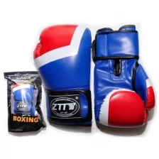 Перчатки бокс ZTTY/ боксерские перчатки/ тренировочные перчатки. Размер/ вес: 10 oz, 100% кожзам износостойкий. Цвет - - синий с красными и белыми вставками..