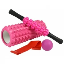 Ролик массажный спортивный для йоги и фитнеса, набор для йоги в чехле CLIFF (валик STRONG S, массажер-роллер, мяч, эспандер), розовый